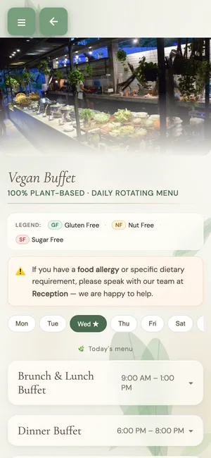 Wonderland guest app Meals screen with the vegan buffet menu