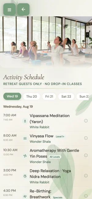 Wonderland guest app Schedule screen with a daily activity timeline