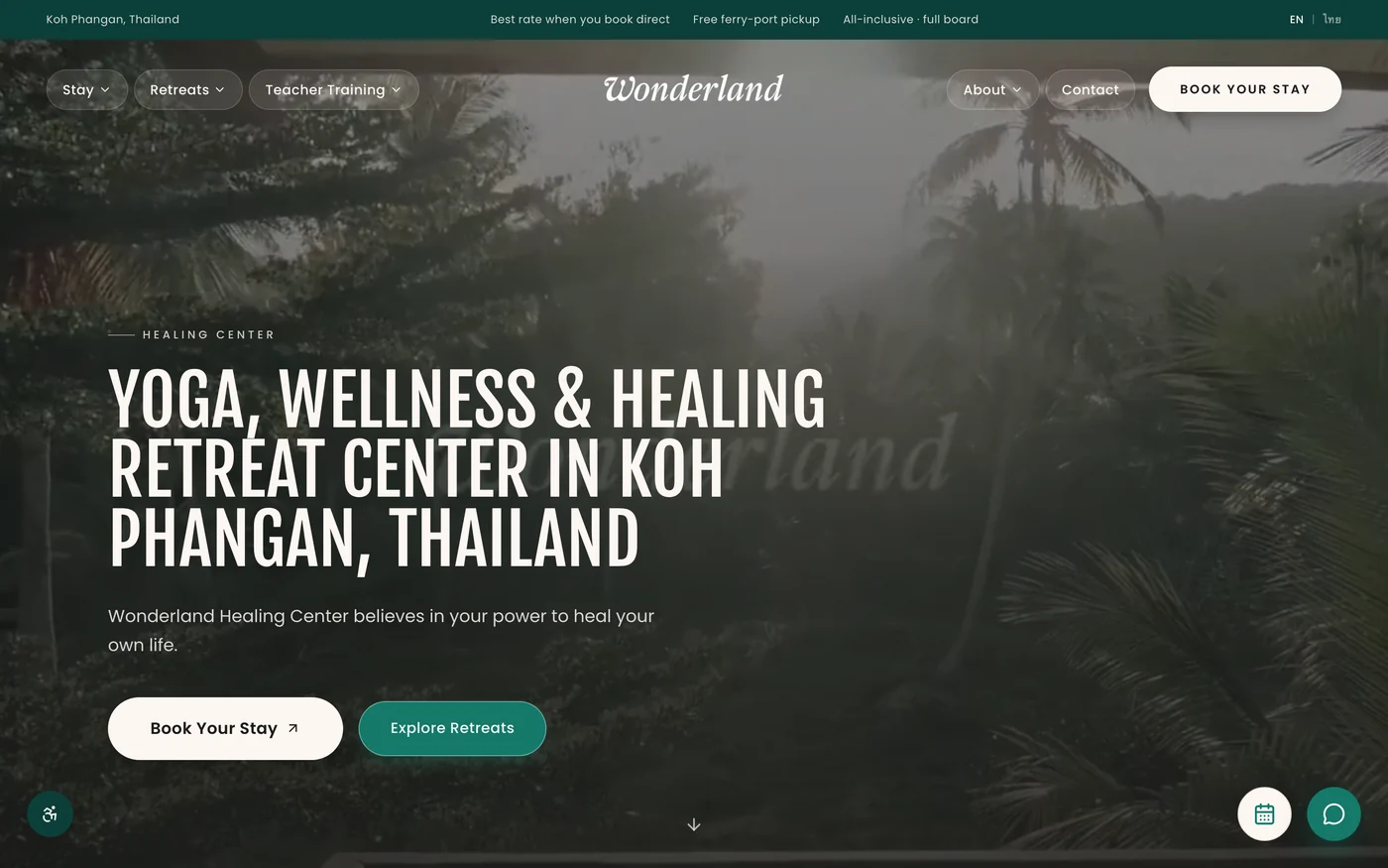Wonderland Healing Center public website homepage, showing hero photography and booking navigation